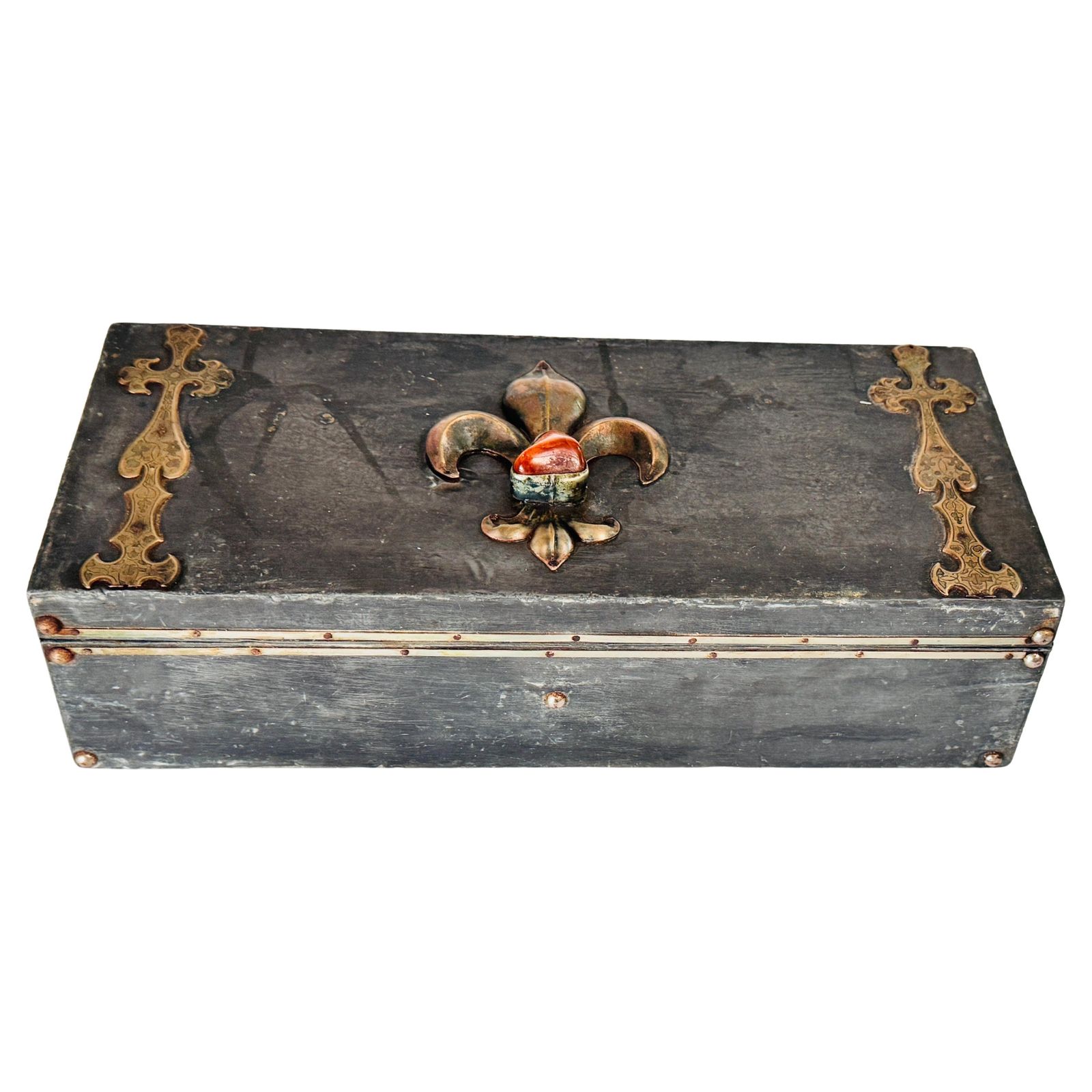 Handcrafted Pewter Cigar Box With Brass Inlays, Fleur De Lys Motif, 1970s Franc