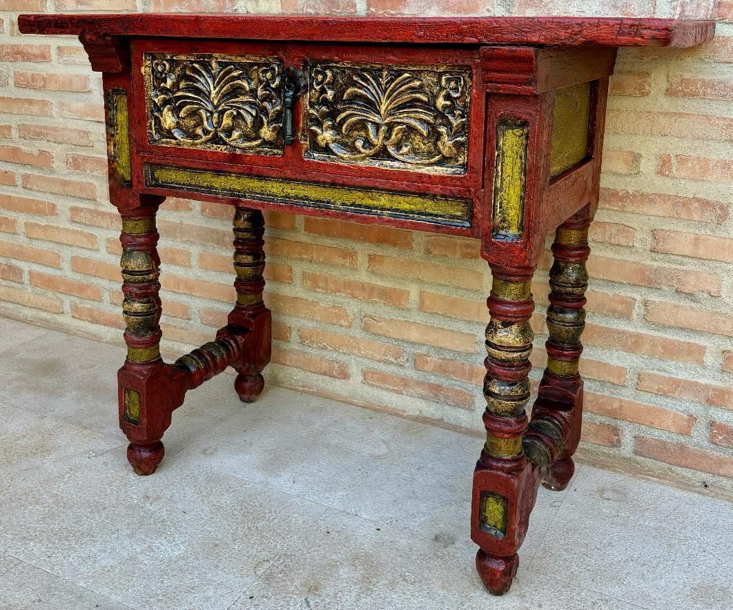 Red Lacquered Console Table With Gilt Accents And Carved Apron, 1940s photo furniture