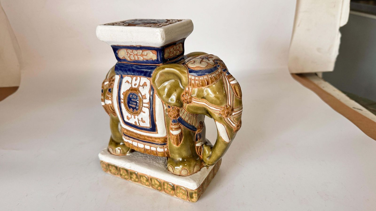 photo for sale Hollywood Regency Chinese Green Andblue Elephant Plant Stand, China 20th Century