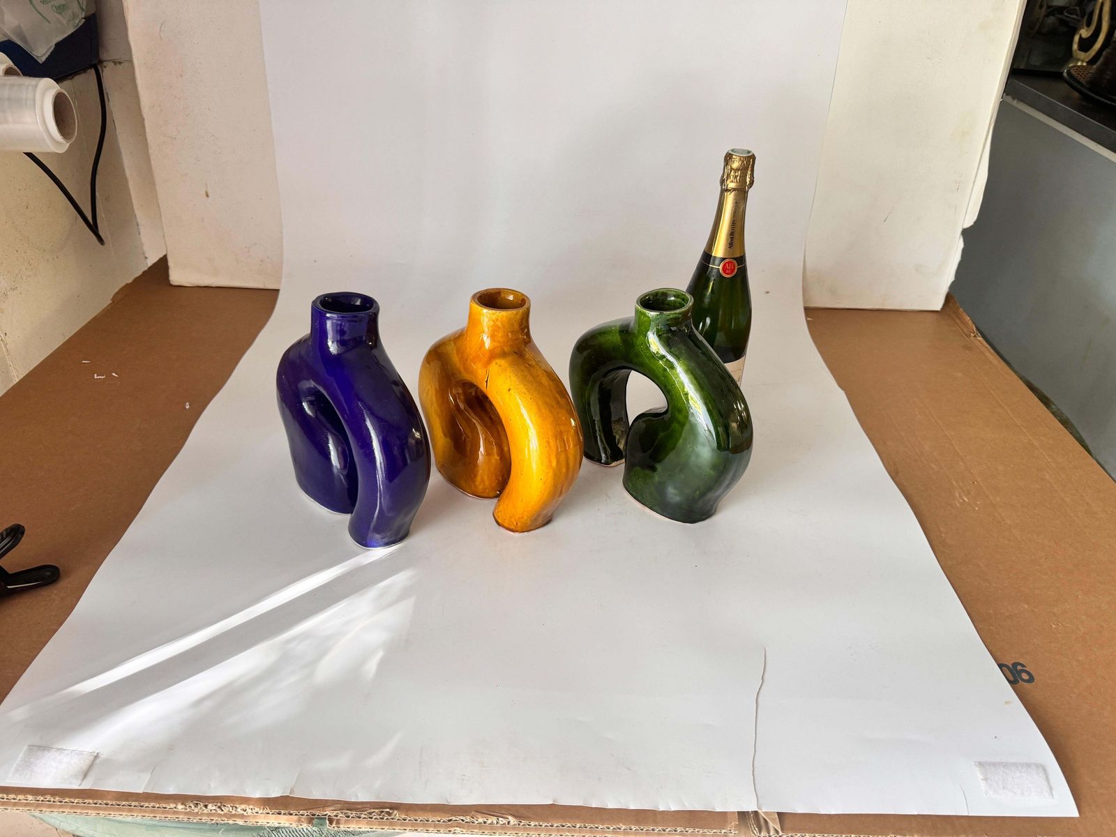 Vase In Enameled Ceramic Green, Blue And White Italy 1970 Set Of 3 photo furniture