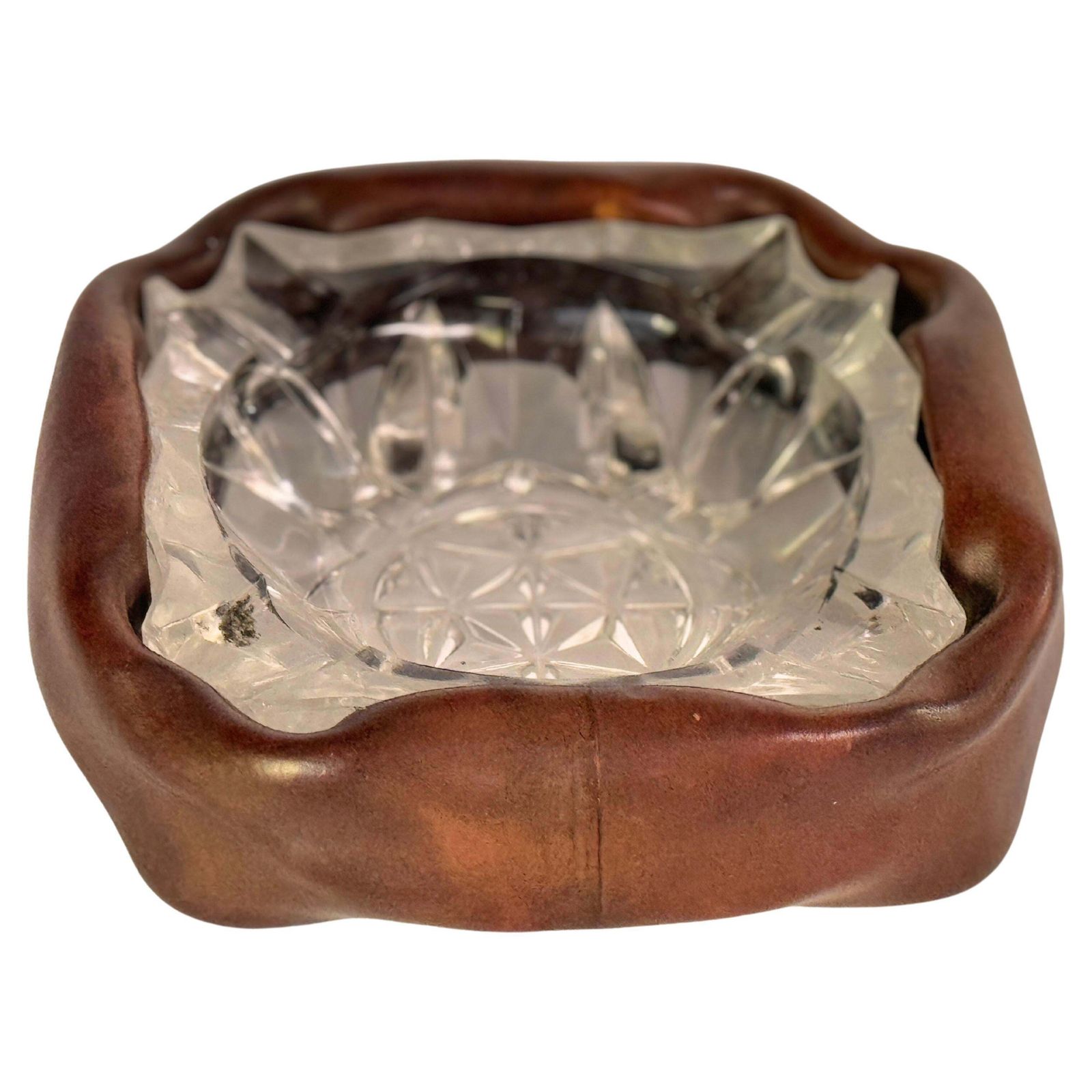 Ashtray In Glass With A Leather Cover, Brown Color, France 1970 photo for sale