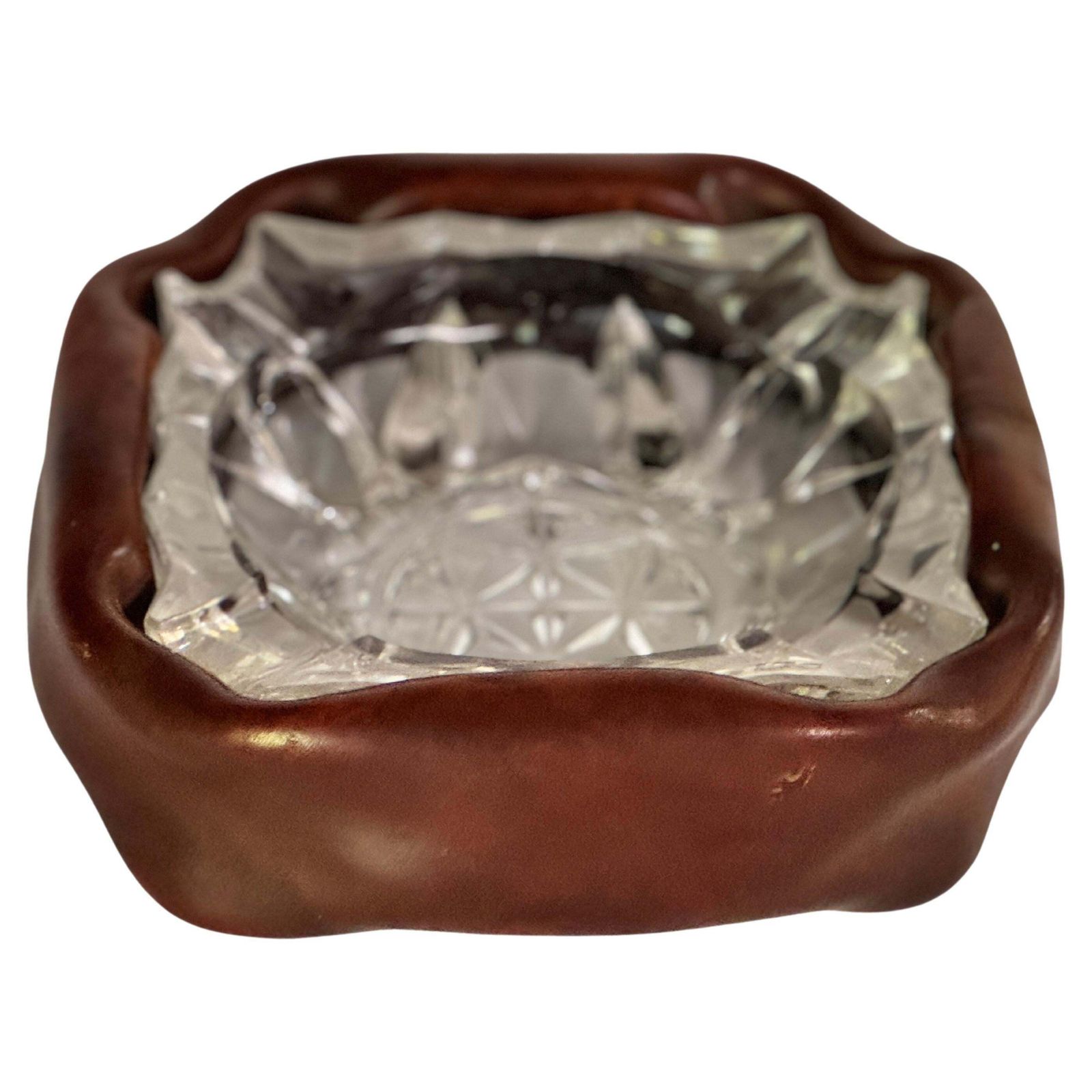 Ashtray In Glass With A Leather Cover, Brown Color, France 1970 photo Home Decor