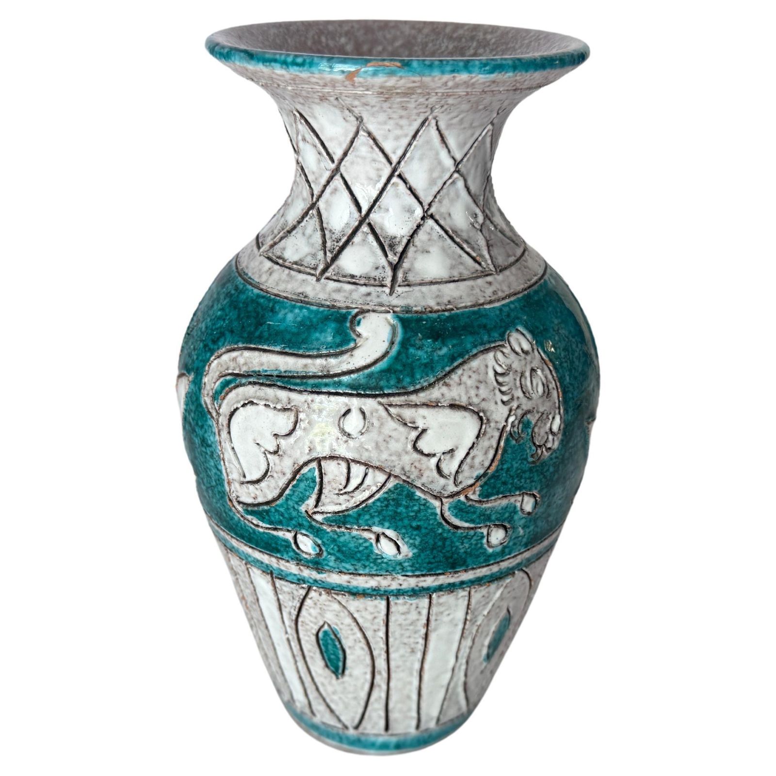 Vase In Enameled Ceramic Green And White Italy 1970 Signed