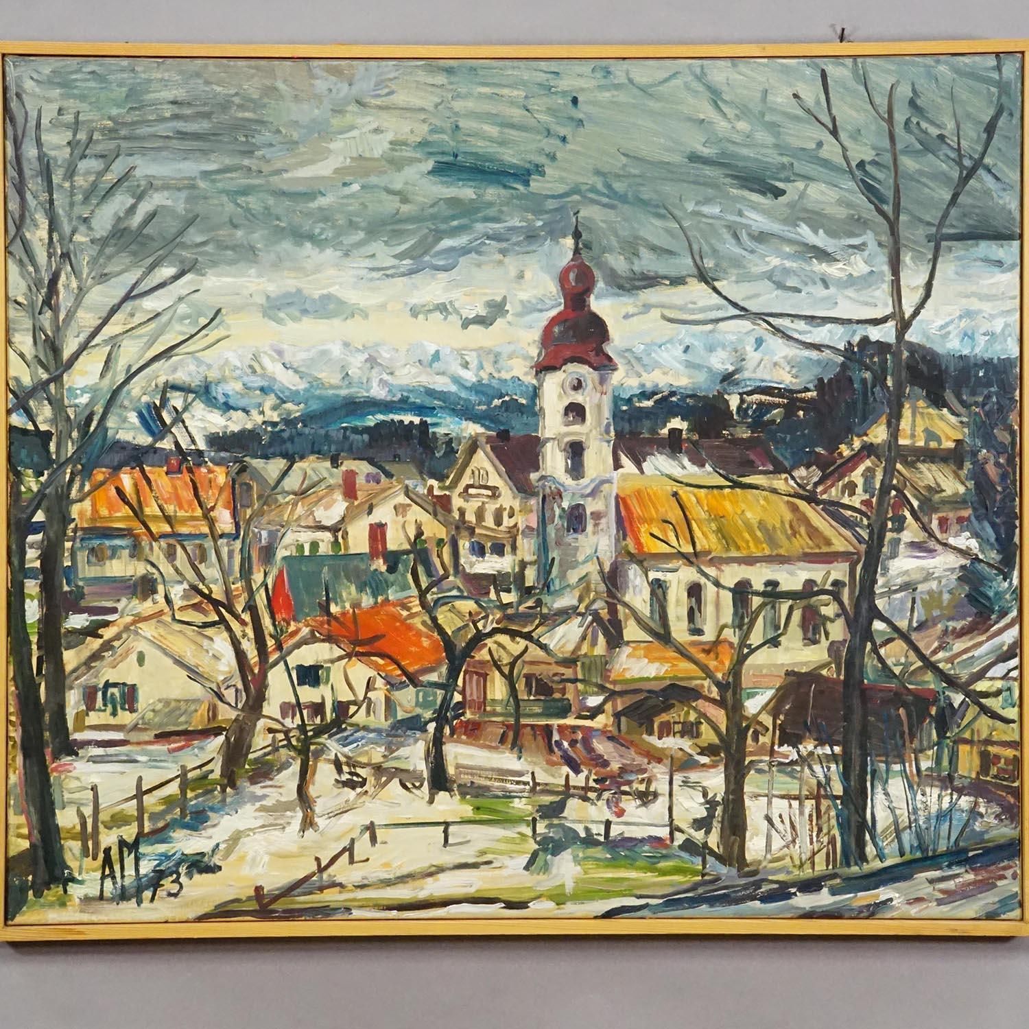 Vintage Oil Painting Of A Bavarian Village, Alexander Michael 1973 photo for sale