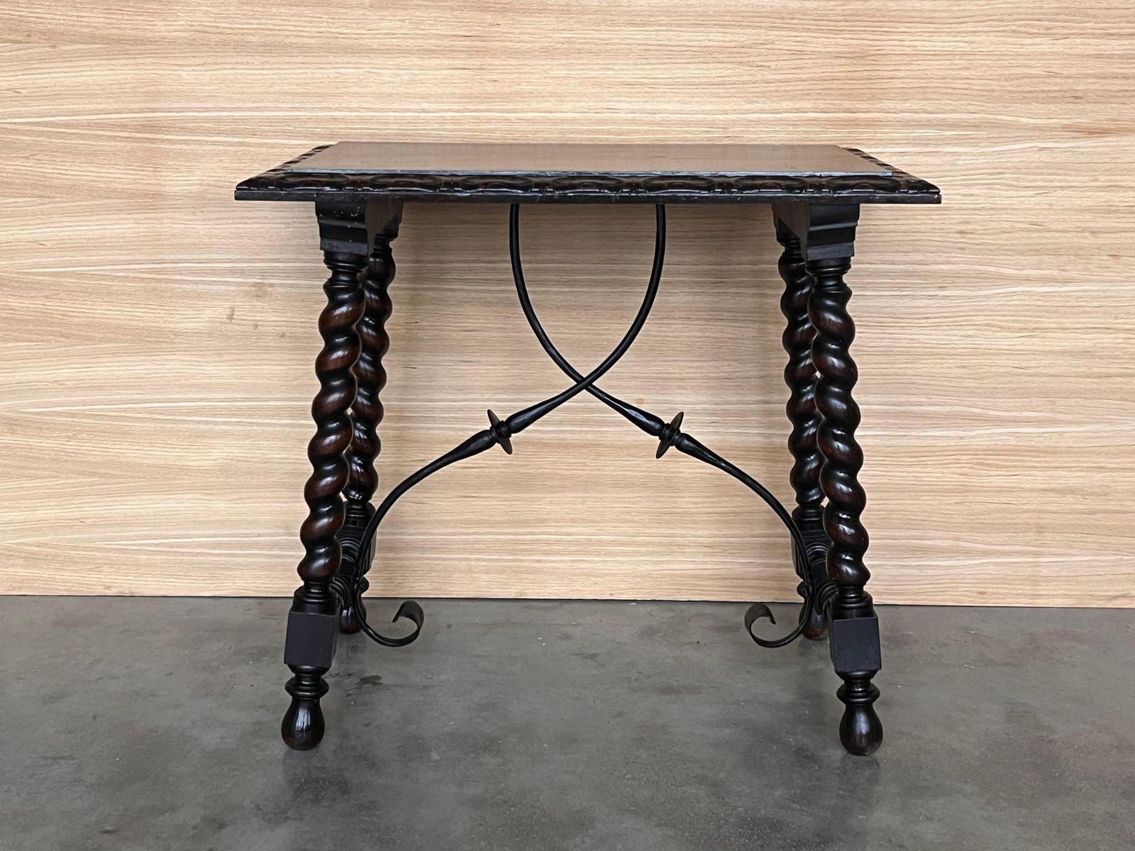 19th Spanish Side Table With Cared Turned Legs And Iron Stretcher photo furniture