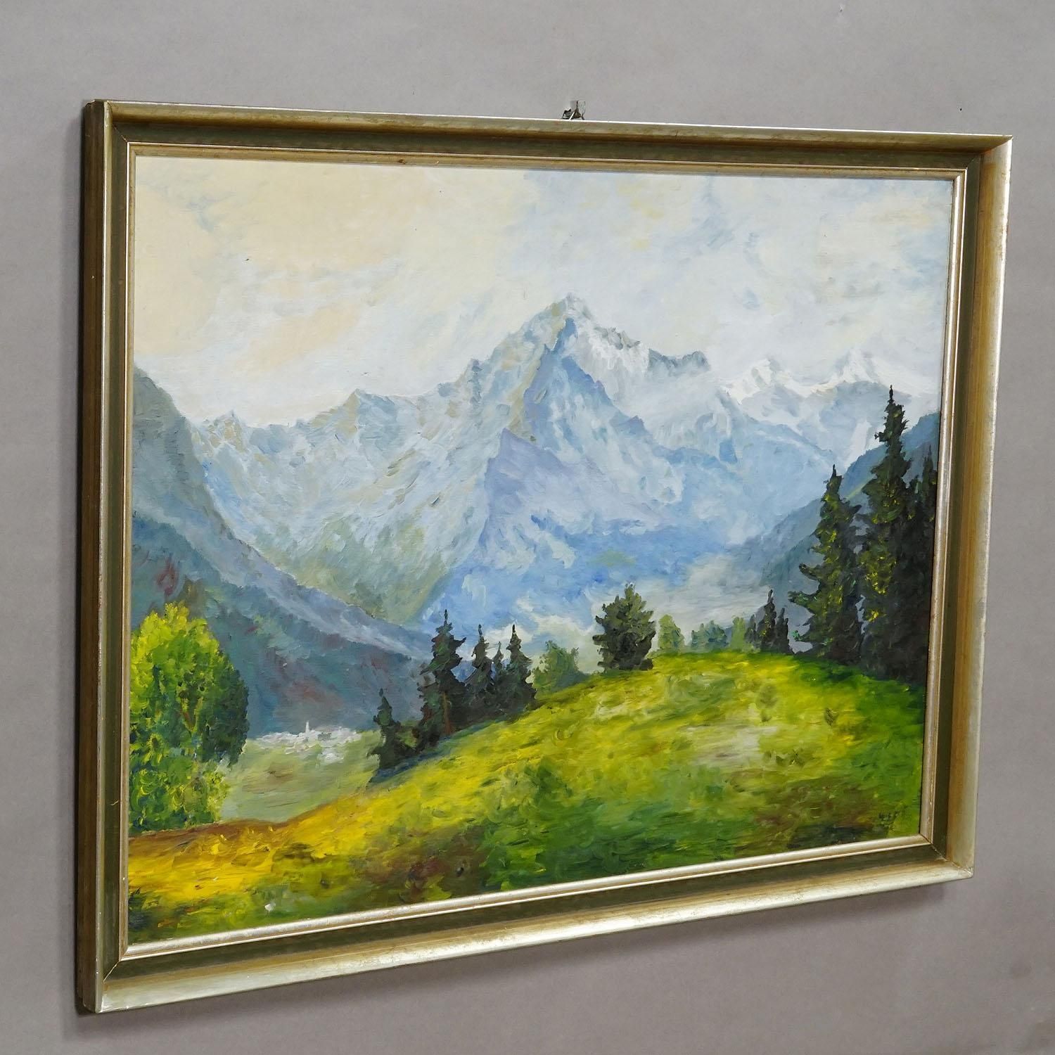 Alpine Landscape Painting With Meadow, Trees And Mountains photo furniture