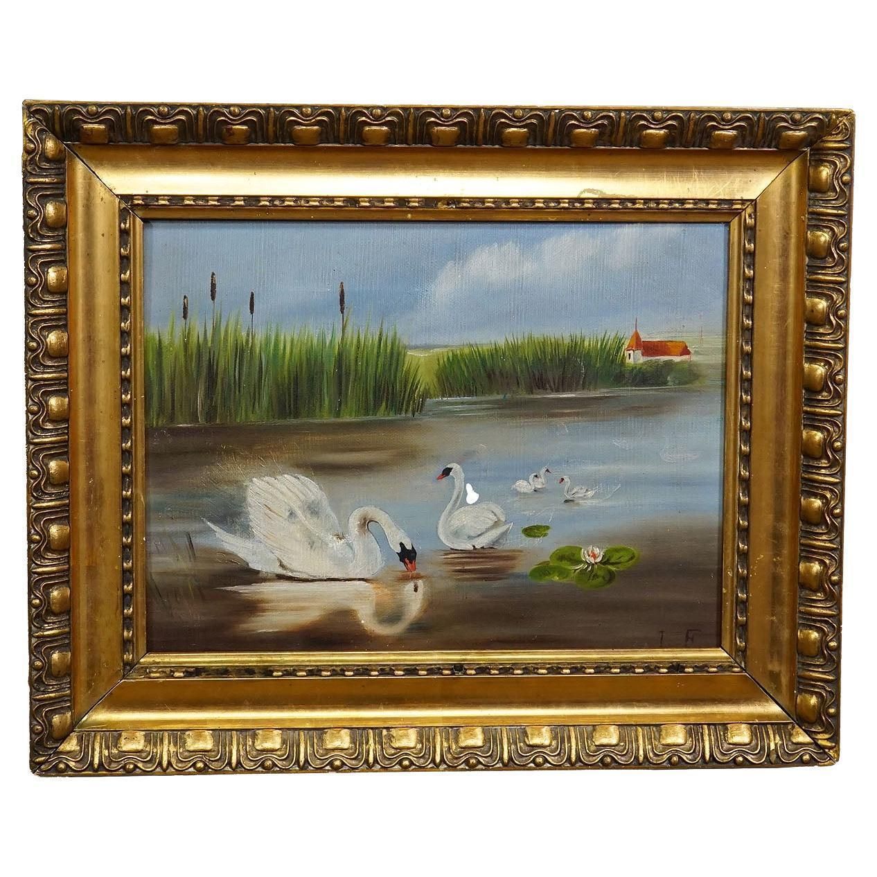 19th Century Biedermeier Painting With Swans On A Lake