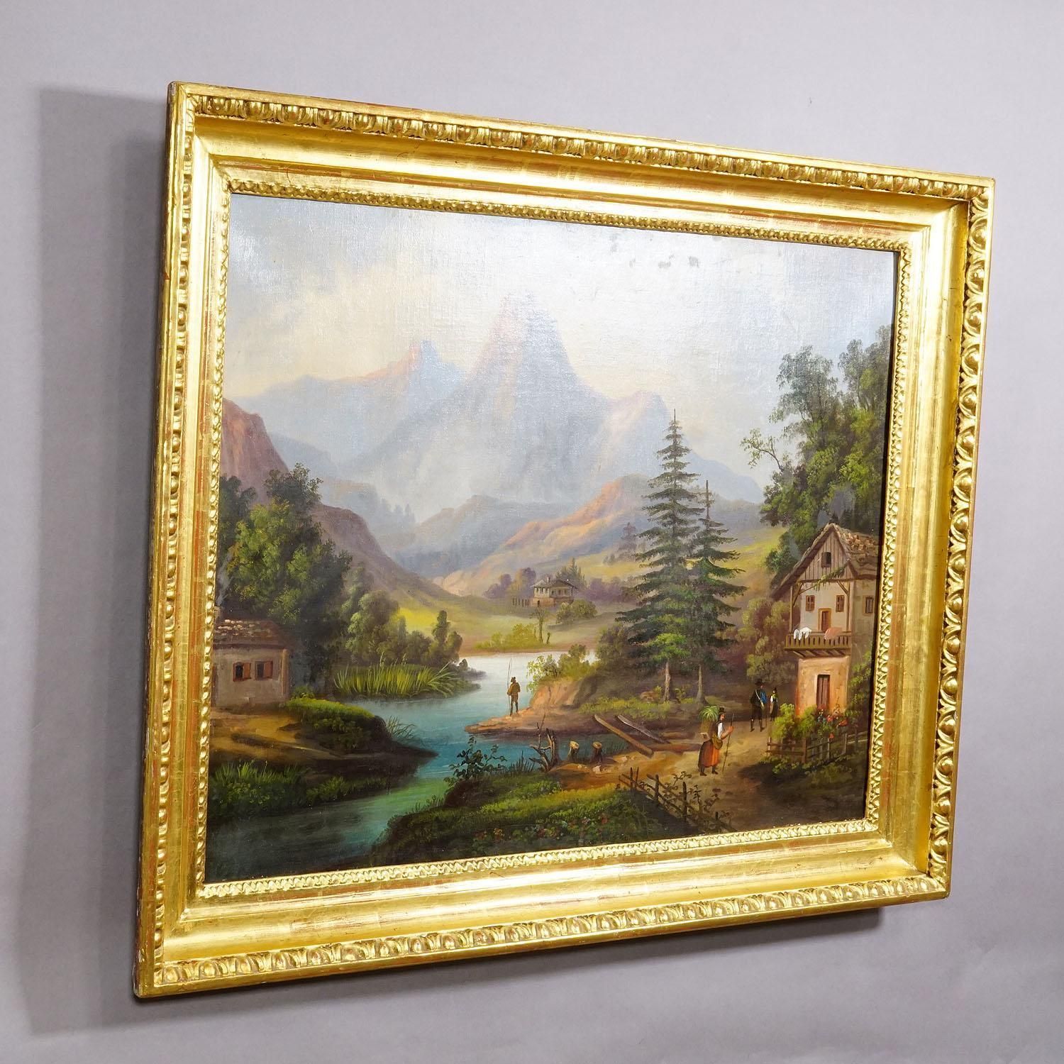 19th Century Biedermeier Landscape Painting With River And Mountain Hut photo furniture
