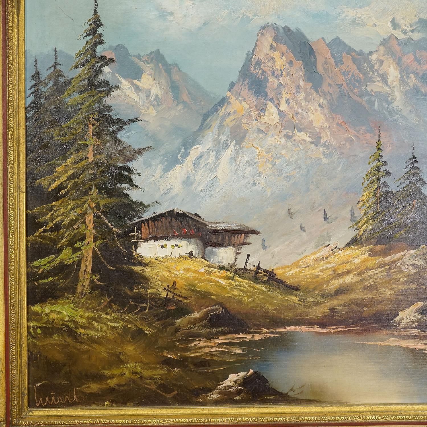Alpine Landscape Oil Painting With Tyrolean Mountain Hut photo for sale