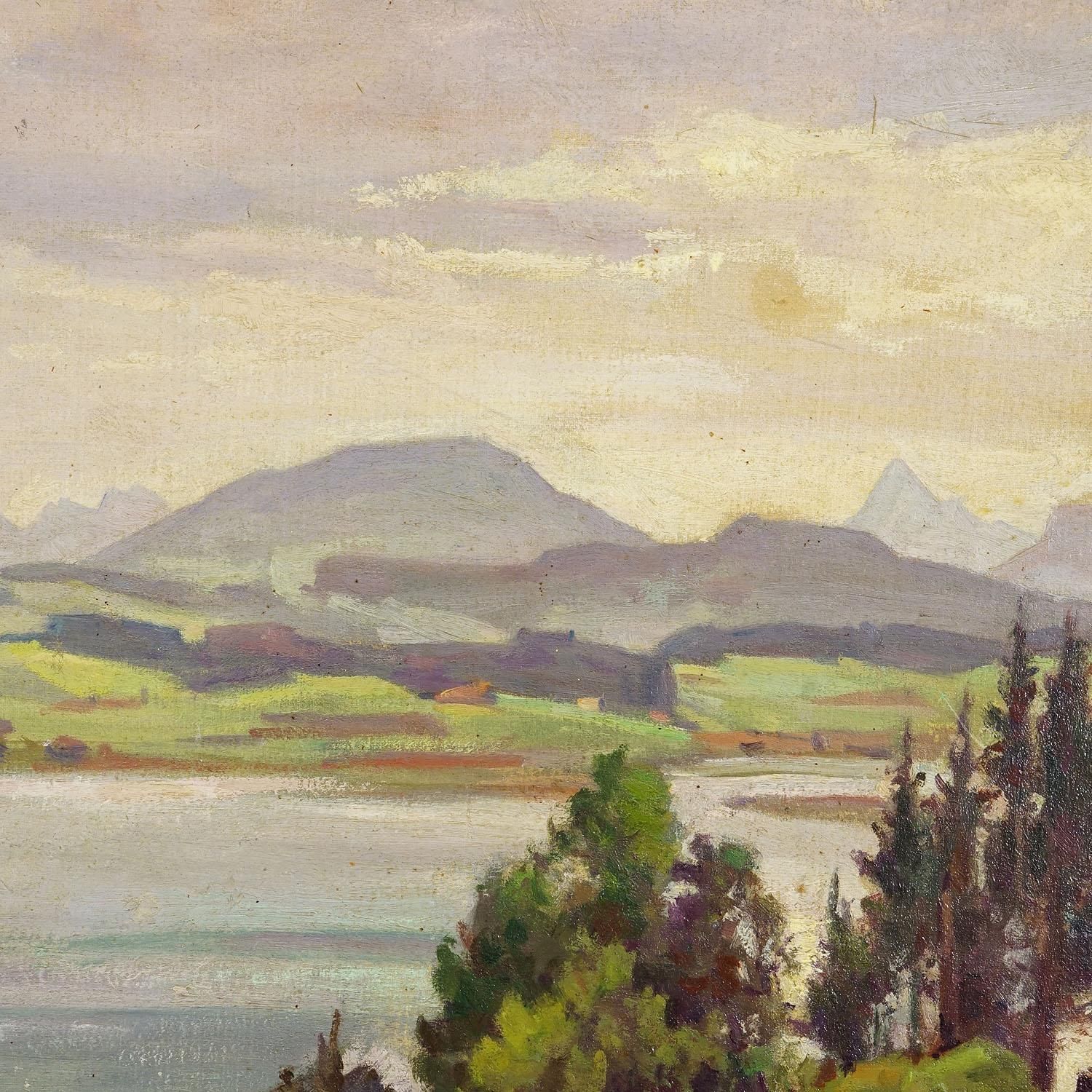 Alpine Lake View Oil Painting With Tyrolean Hut photo 885.0