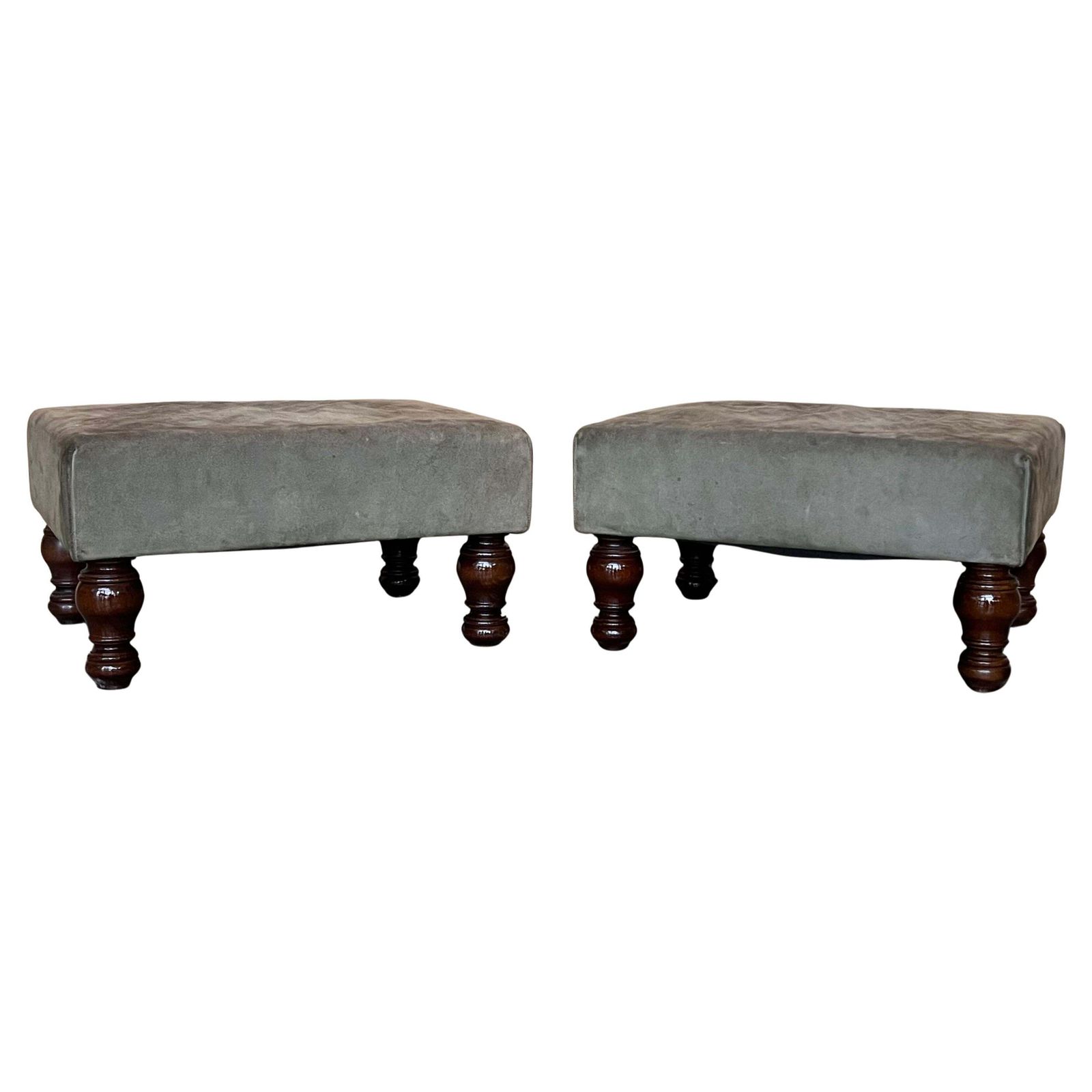 Pair Of Footstools With Leather Seat And Bowl Legs