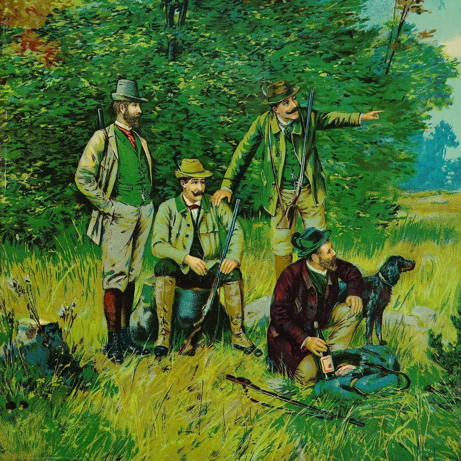 Antique Oil Print With Victorian Hunting Scene After Josef Ringeisen photo for sale