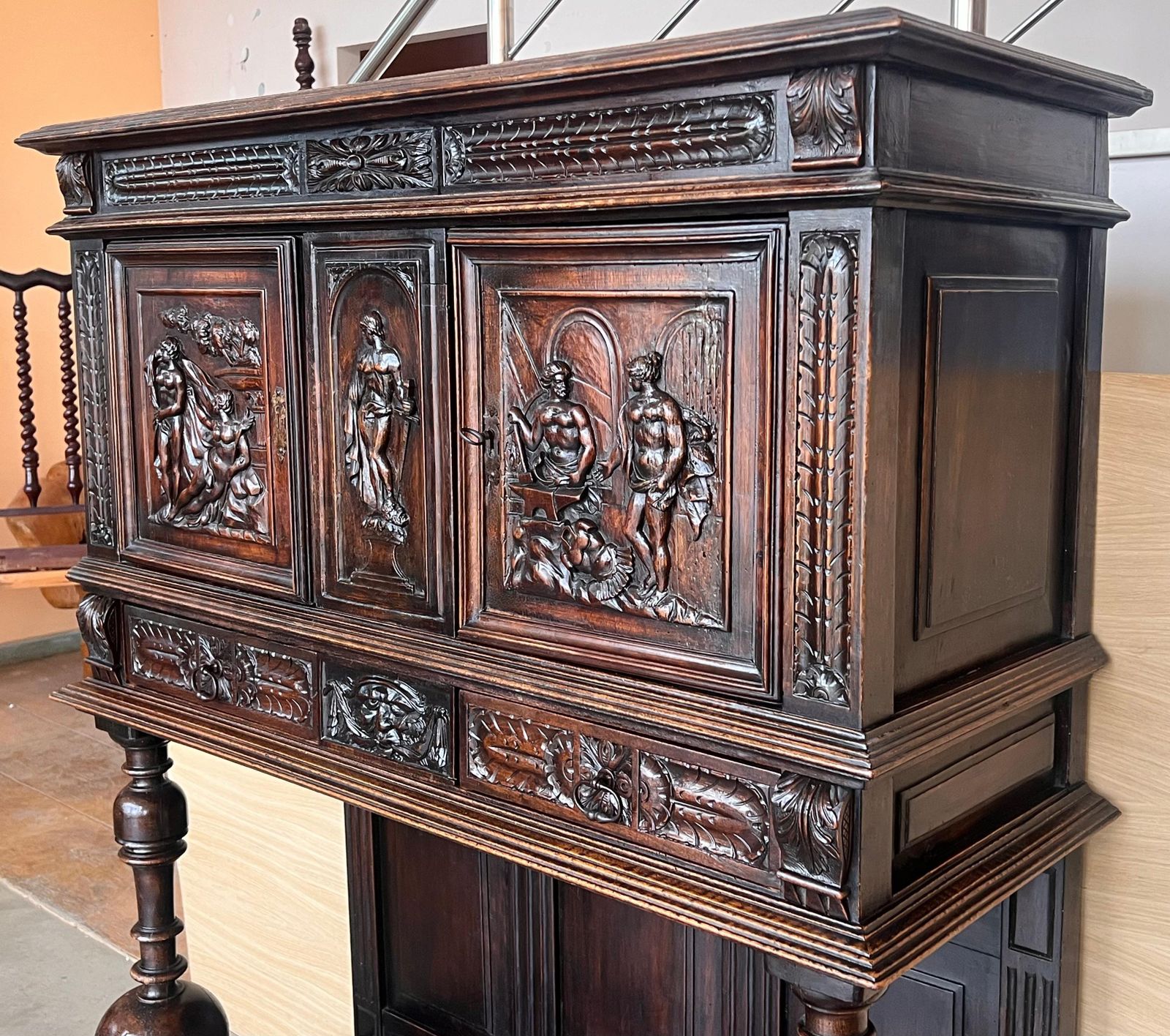 photo for sale 19th Century Dutch Hand Carved Renaissance Raised Cabinet