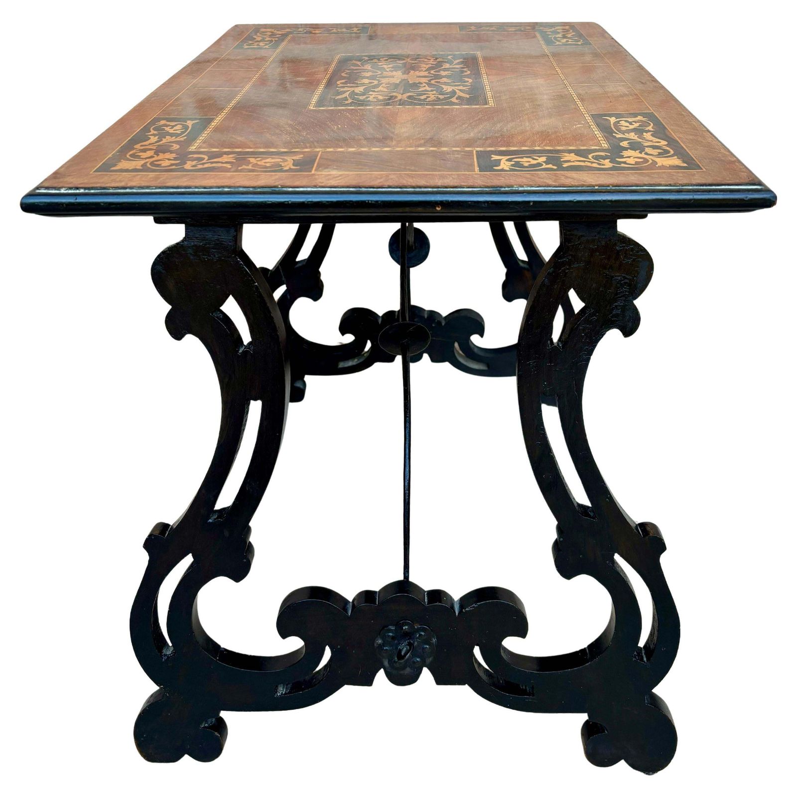 Table d'appoint baroque espagnole, pieds en lyre et plateau en marqueterie, 1850