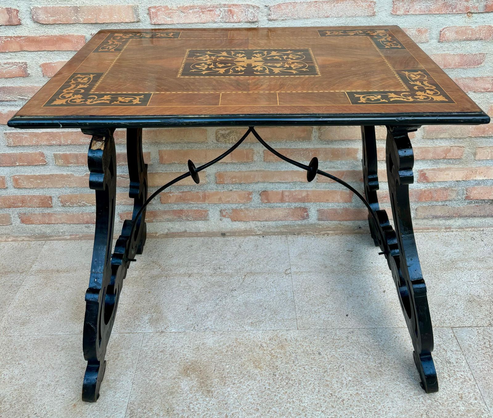 Spanish Baroque Side Table With Lyre Legs And Marquetry Top, 1850 photo for sale