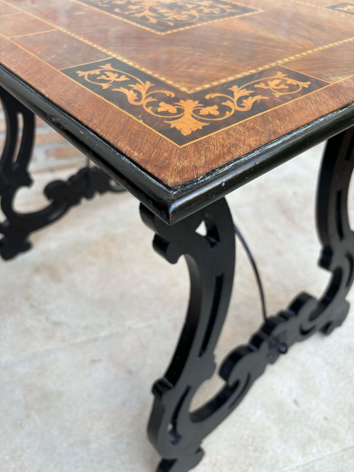 photo for sale Spanish Baroque Side Table With Lyre Legs And Marquetry Top, 1850