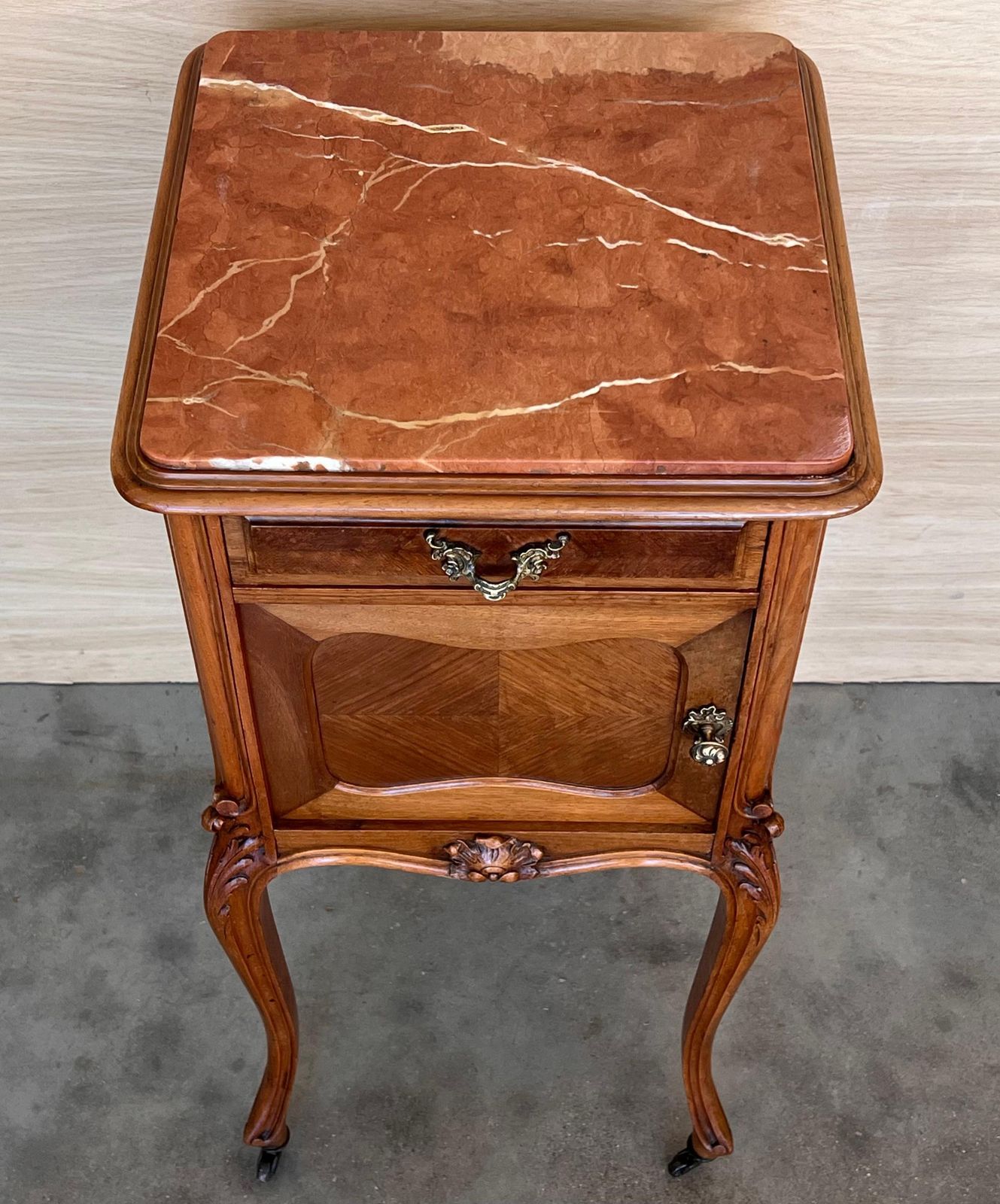 Antique French Mahogany Night Stands With Marble Top And Wheels, 1900 photo vinterior