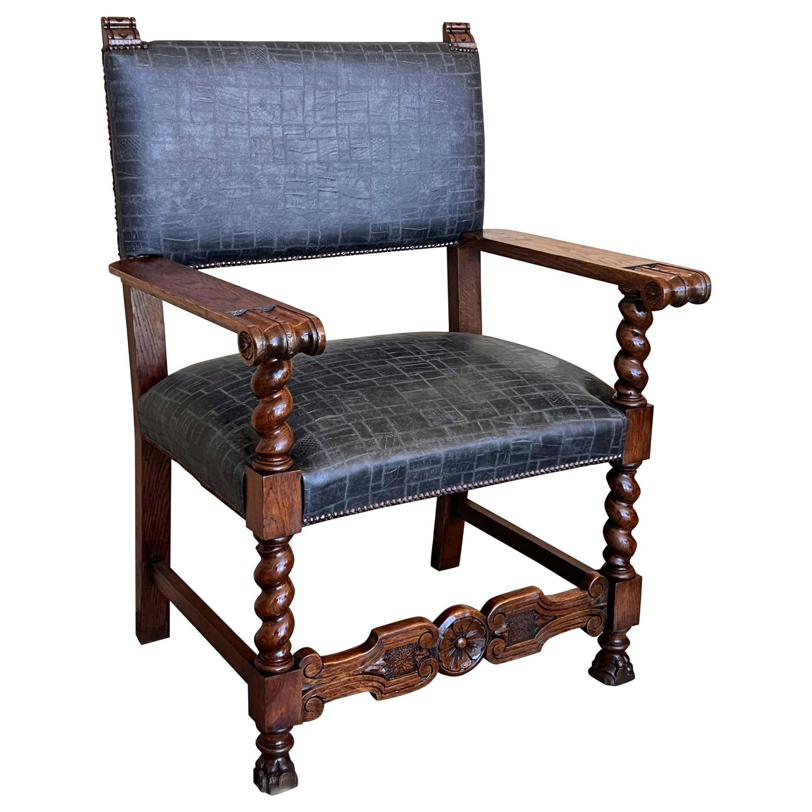 19th Spanish Carved Walnut Armchair With New Black Leather And Solomonic Columns
