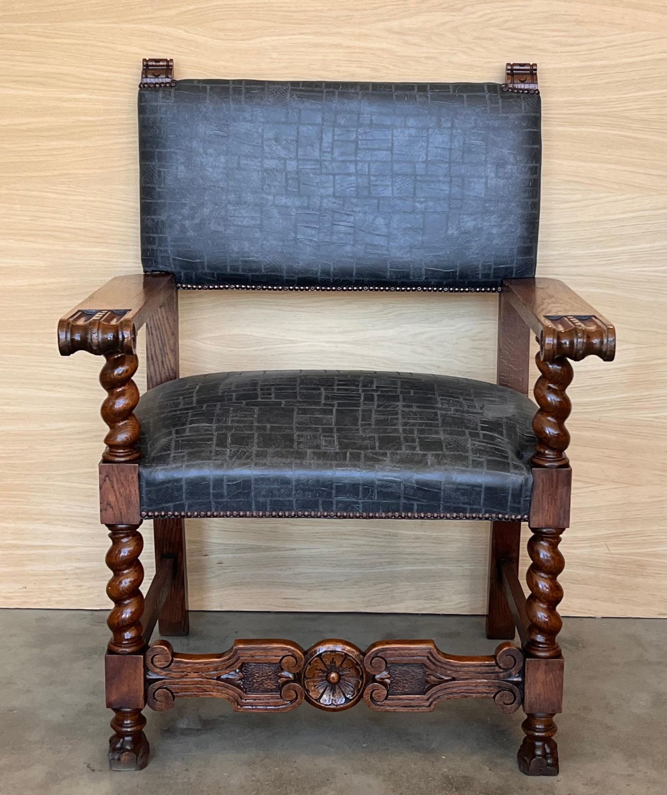 19th Spanish Carved Walnut Armchair With New Black Leather And Solomonic Columns photo furniture