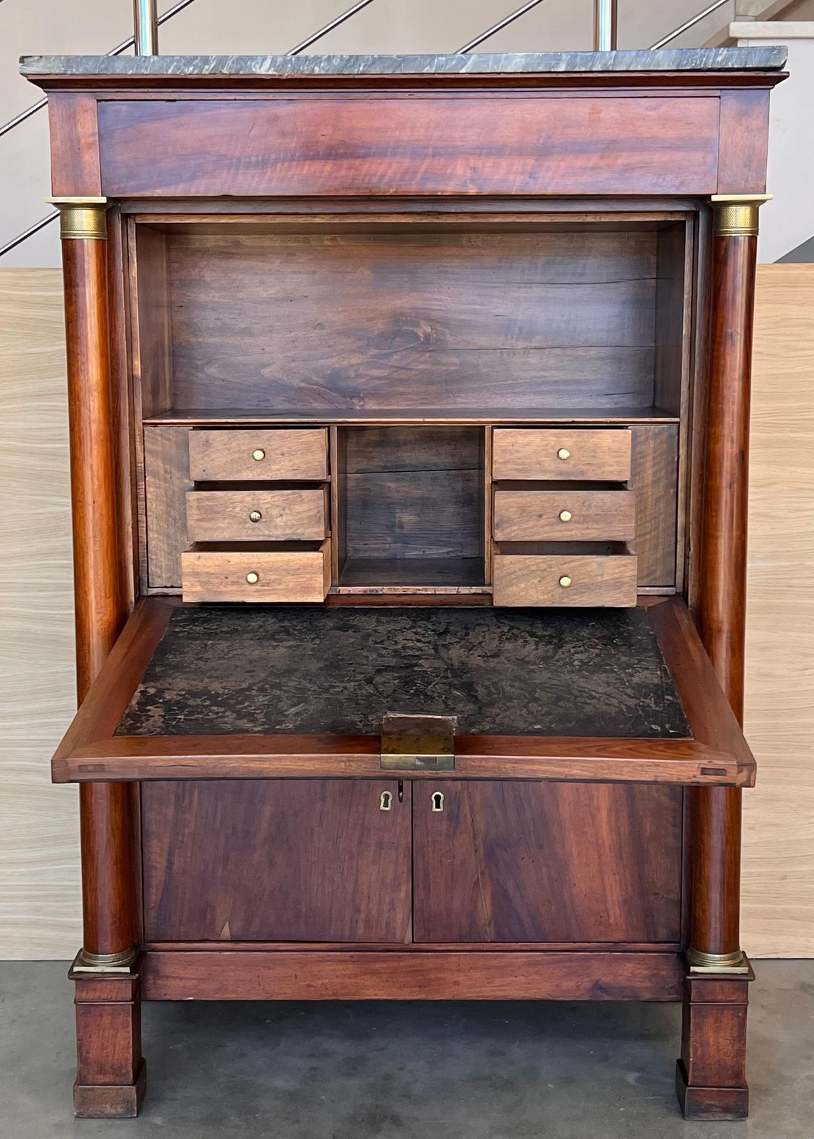 19th Century Empire Drop Front Oak Secretary Desk Or Abattant, Chest France photo vintage