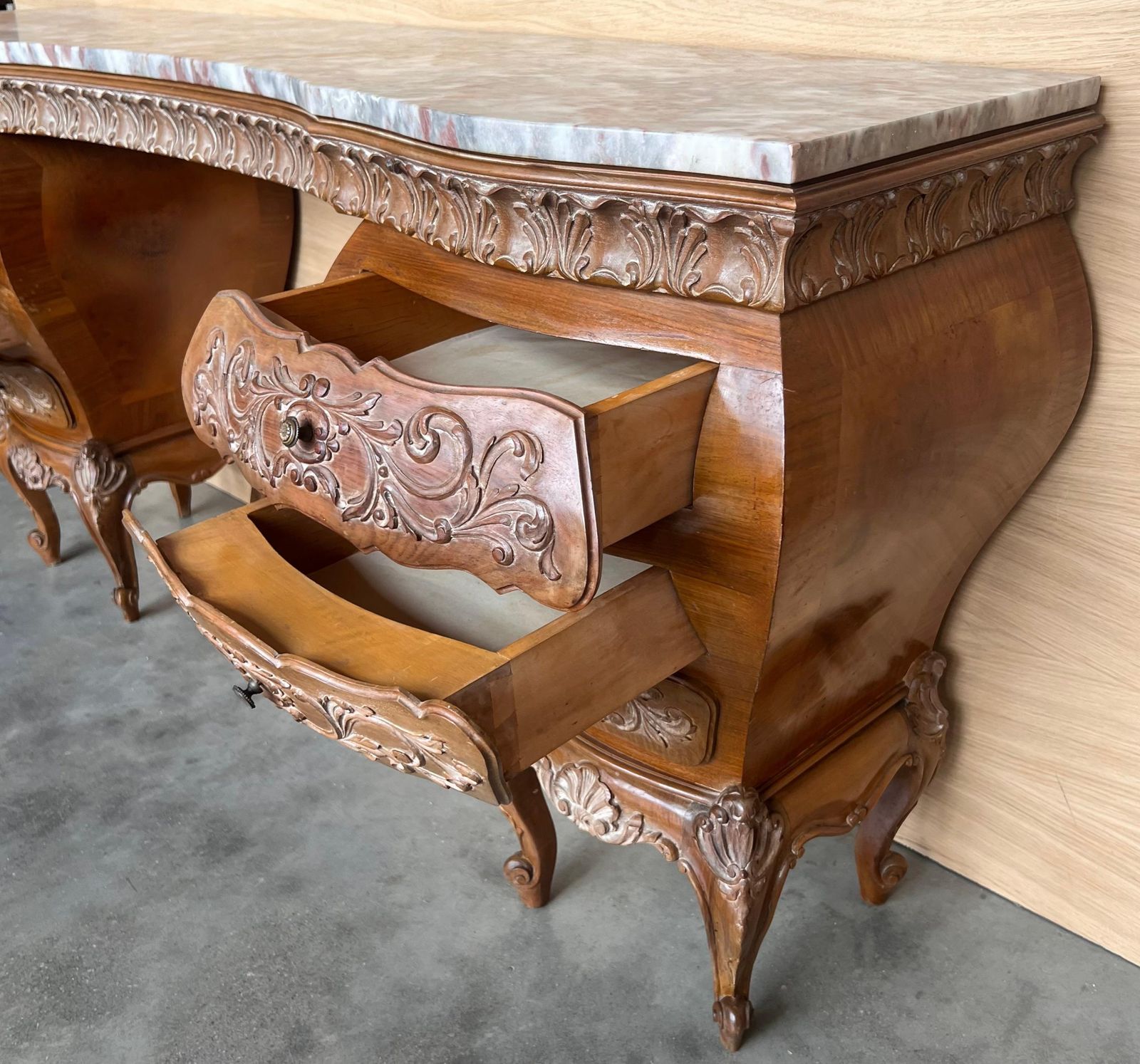 Furniture 1940s Antique Vanity Baroque Spanish, Dressing Table, Hand Carved Walnut & Burl photo