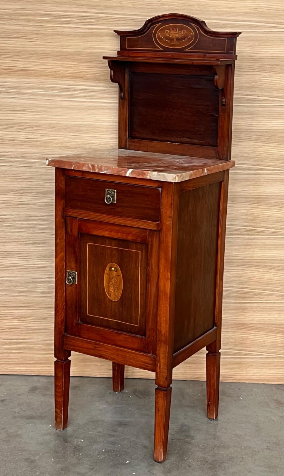 Pair Of Italian Marquetry Nightstands With Bronze Crest, Drawers And Doors photo vintage