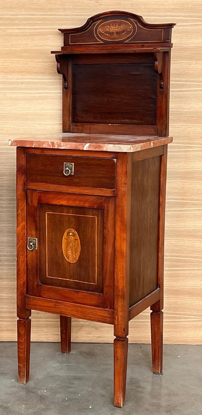 photo furniture Pair Of Italian Marquetry Nightstands With Bronze Crest, Drawers And Doors