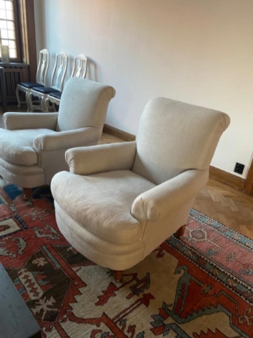 Edwardian Armchairs, A Pair, Reupholstered And Bought From Hilary Batstone. photo for sale