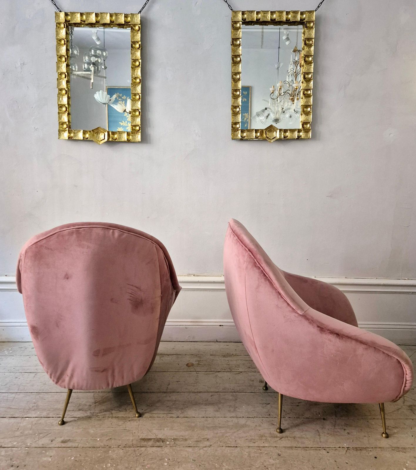 An Elegant Pair Of Easy Chairs With Brass Legs, Italian Mid Century. photo for sale