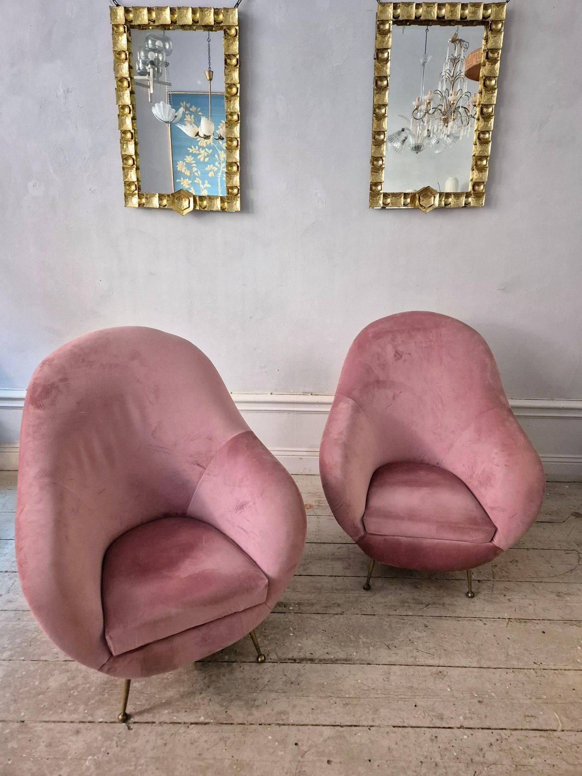 An Elegant Pair Of Easy Chairs With Brass Legs, Italian Mid Century. photo vinterior