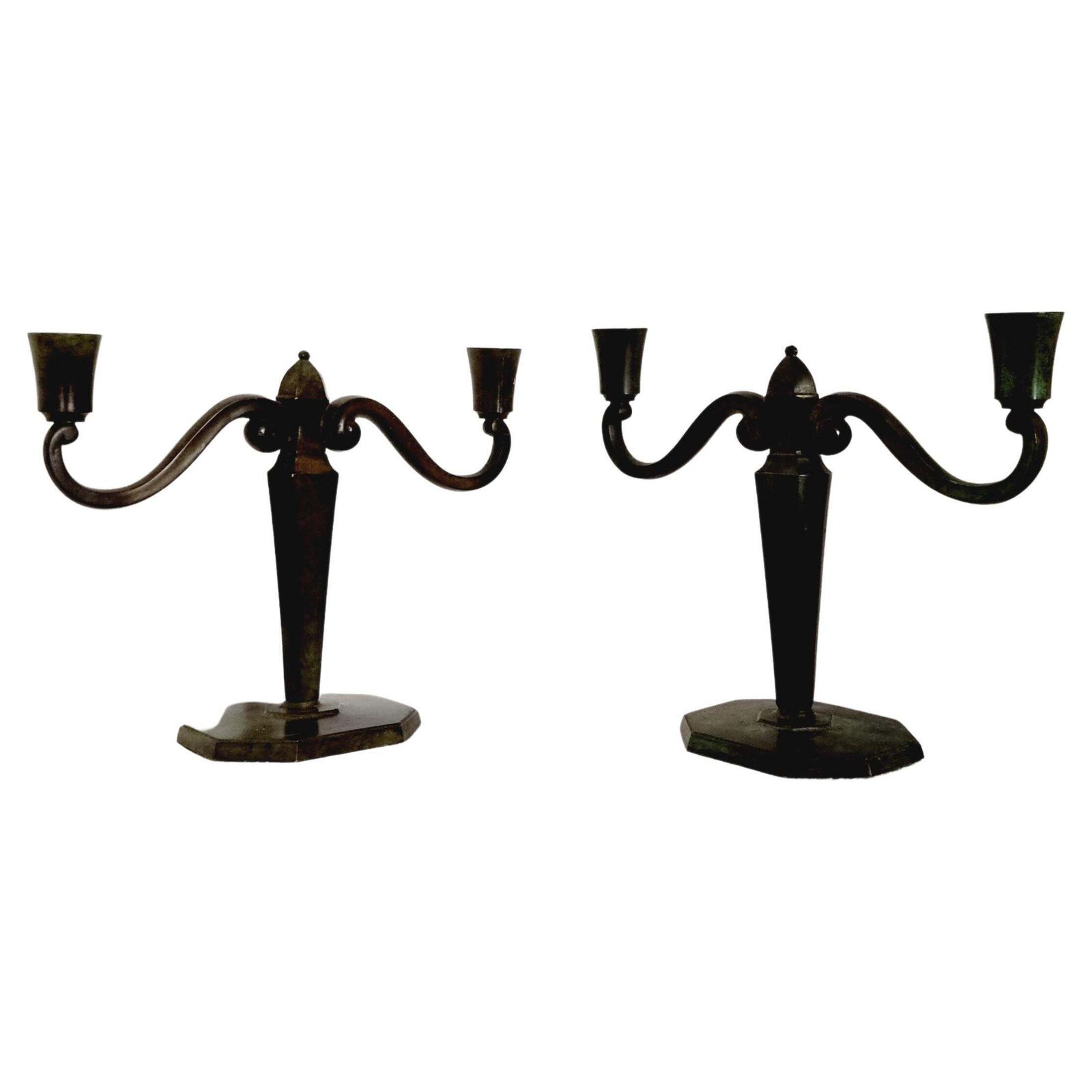 Jacob ängman For Gab, Pair Of Solid Bronze Candelabras, Swedish Grace