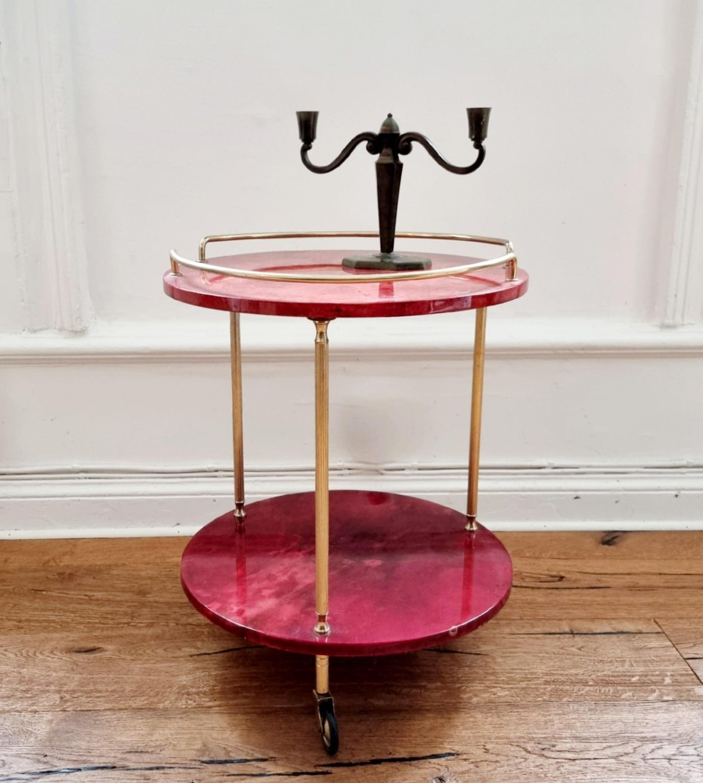 Aldo Tura, Bar Cart, Red Goatskin, Italian Midcentury / Hollywood Regency photo for sale