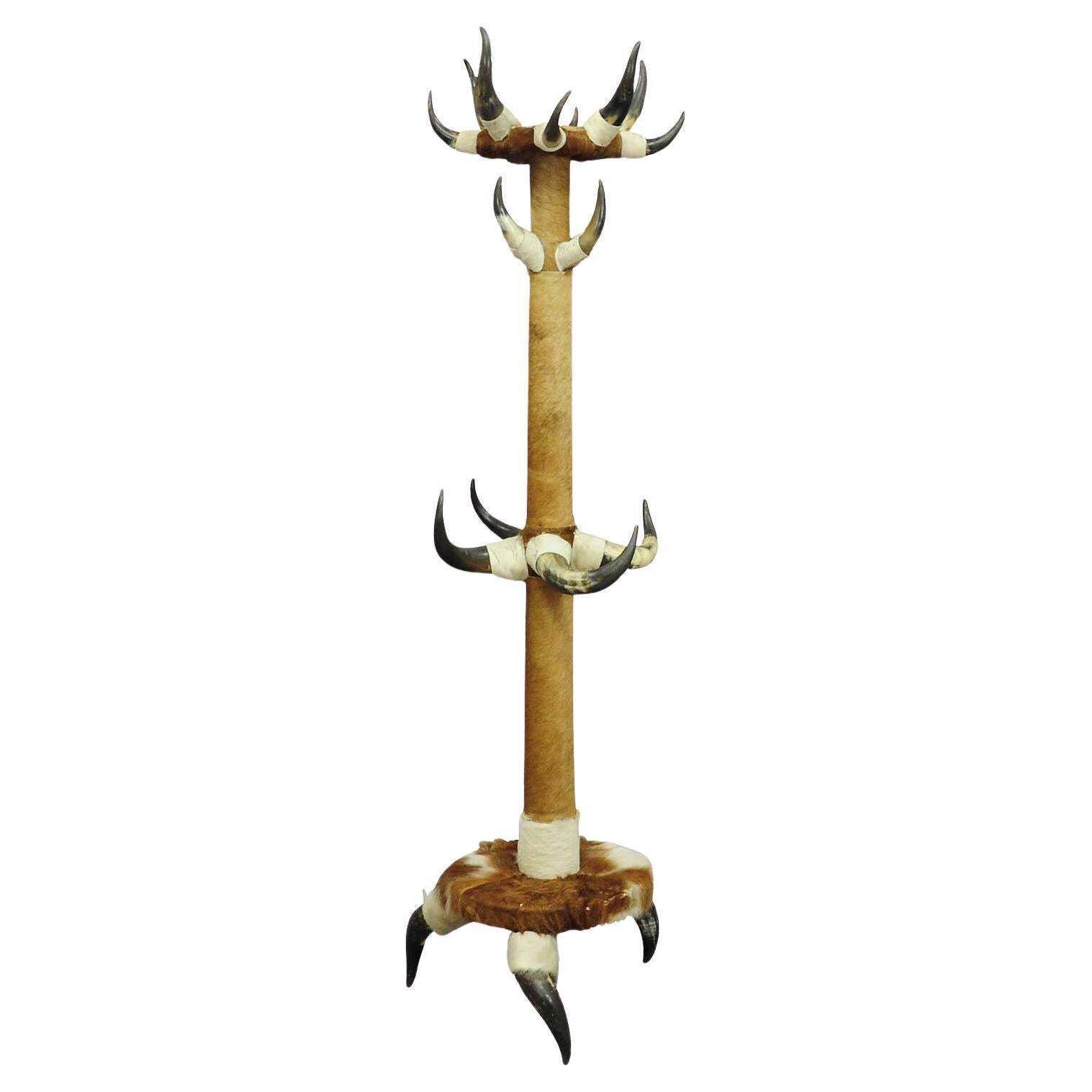 Antique Bull Horn Hall Stand With Cow Fur Ca. 1870
