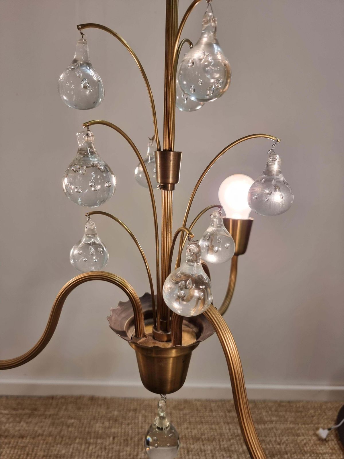 Swedish Grace, Decorative Brass & Glass Pendant / Chandelier, 1940/50s photo for sale