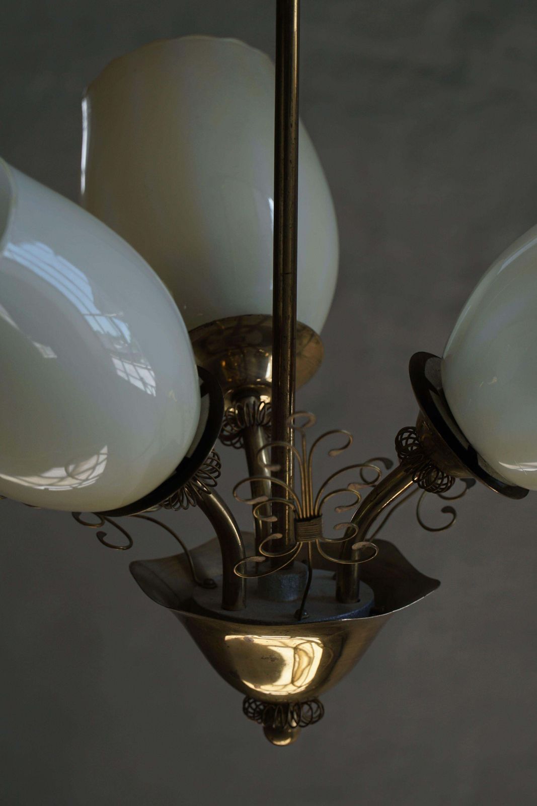 Paavo Tynell For Idman Oy, 3 Arm Chandelier In Brass & Glass, Mid Century, 1940s photo Lighting