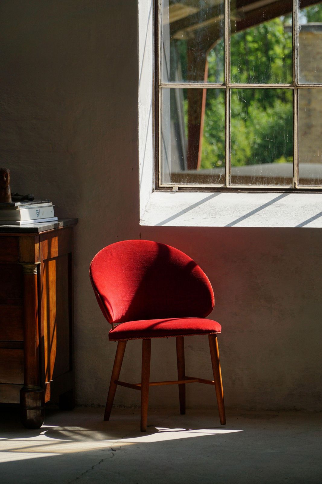 photo for sale Mid Century Dressing Chair In Oak & Red Velvet, By A Danish Cabinetmaker, 1950s
