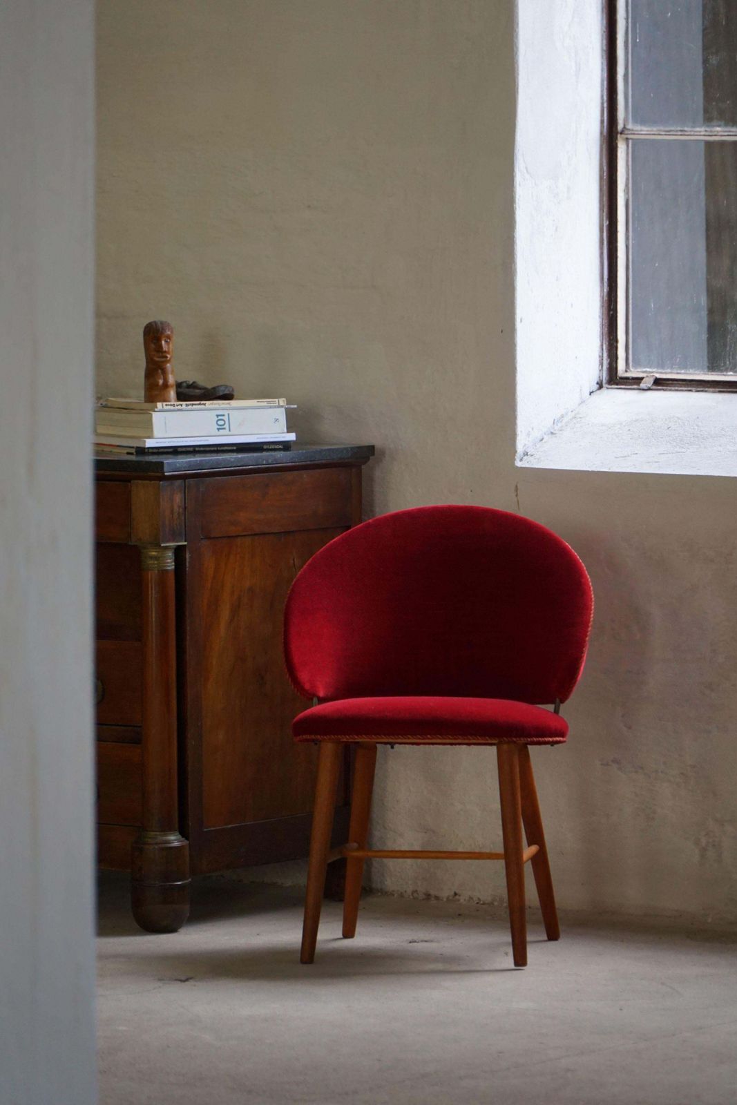 931.0 Mid Century Dressing Chair In Oak & Red Velvet, By A Danish Cabinetmaker, 1950s photo