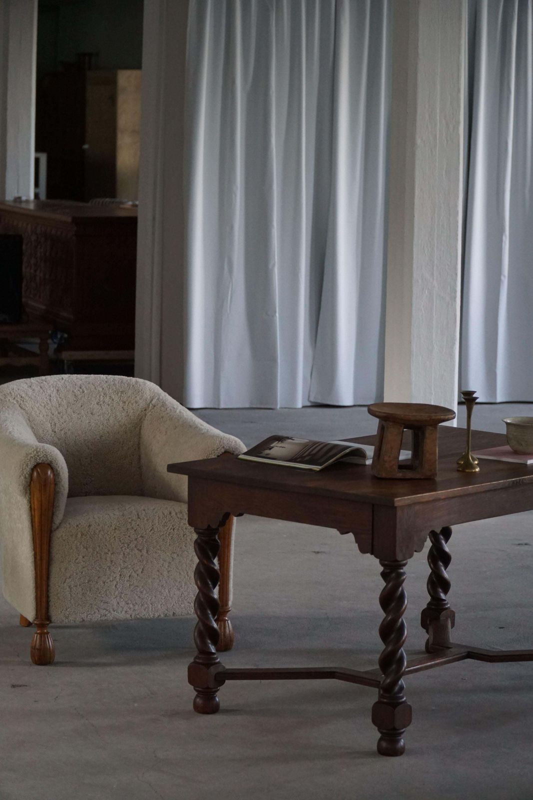photo vinterior Danish Baroque Inspired Oak Desk / Dining Table With Barley Twist Legs, 1900s