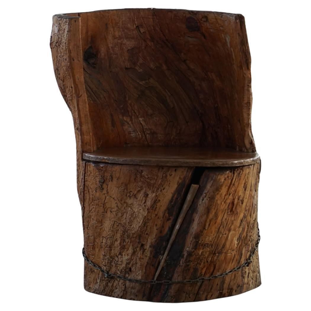 Hand Carved Stump Chair In Pine With Storage, Swedish Modern, Wabi Sabi, 1900s