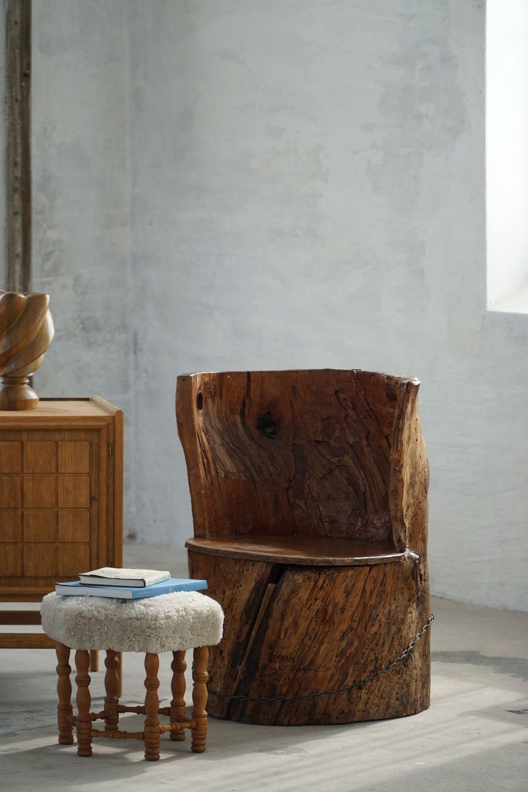 Hand Carved Stump Chair In Pine With Storage, Swedish Modern, Wabi Sabi, 1900s photo buy