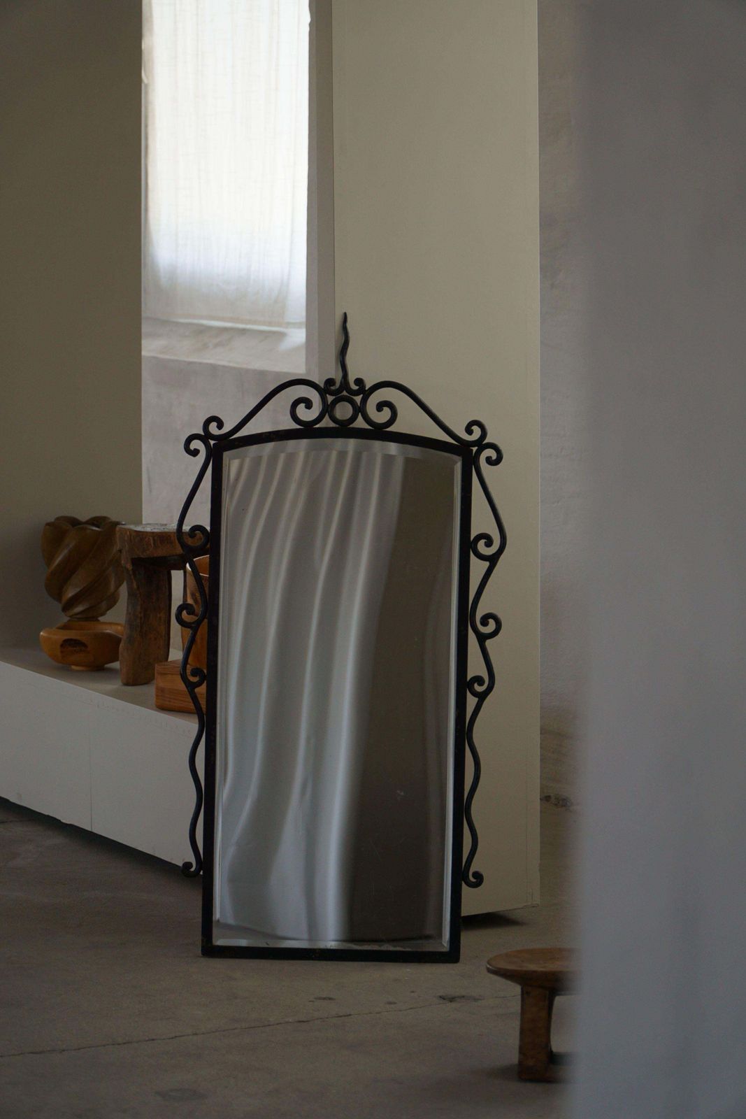 French Mid Century Modern, Brutalist Wrought Iron Wall Mirror, Made In The 1950s photo for sale