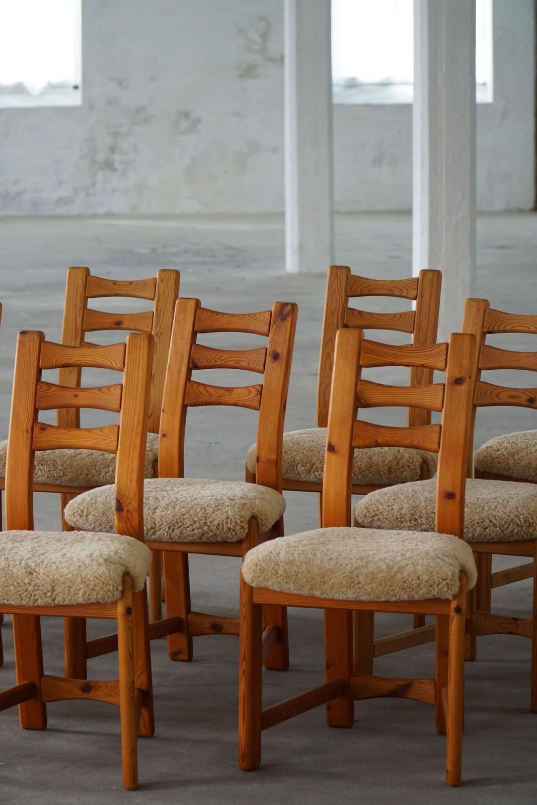 Set Of 12 Brutalist Chairs In Pine & Shearling Lambswool, Danish Modern, 1970s photo for sale