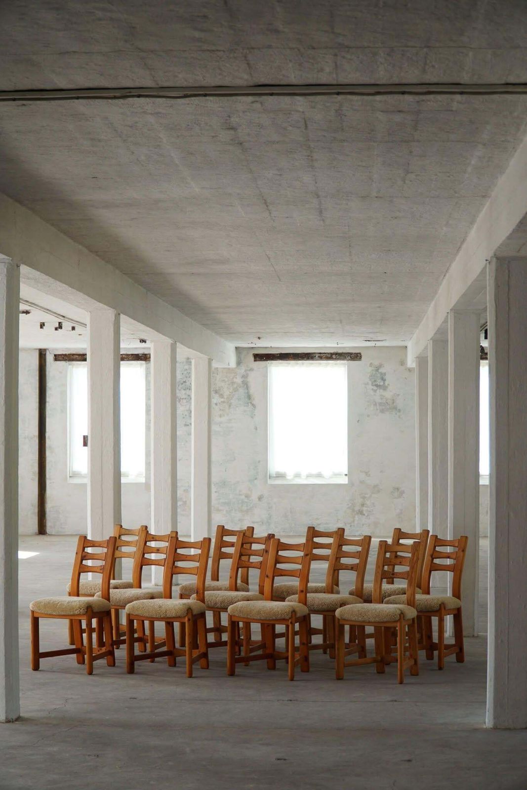 5025.0 Set Of 12 Brutalist Chairs In Pine & Shearling Lambswool, Danish Modern, 1970s photo