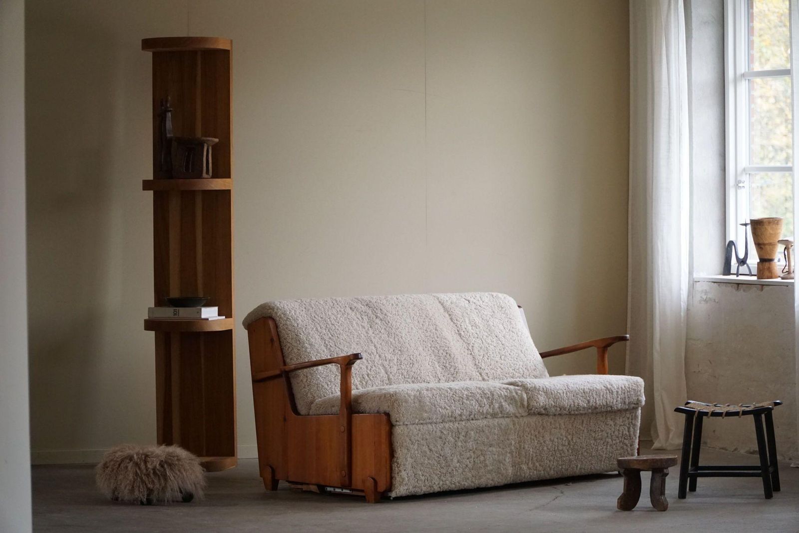 Swedish Modern, Freestanding Two Seater Sofa / Bed In Pine & Lambswool, 1950s photo furniture