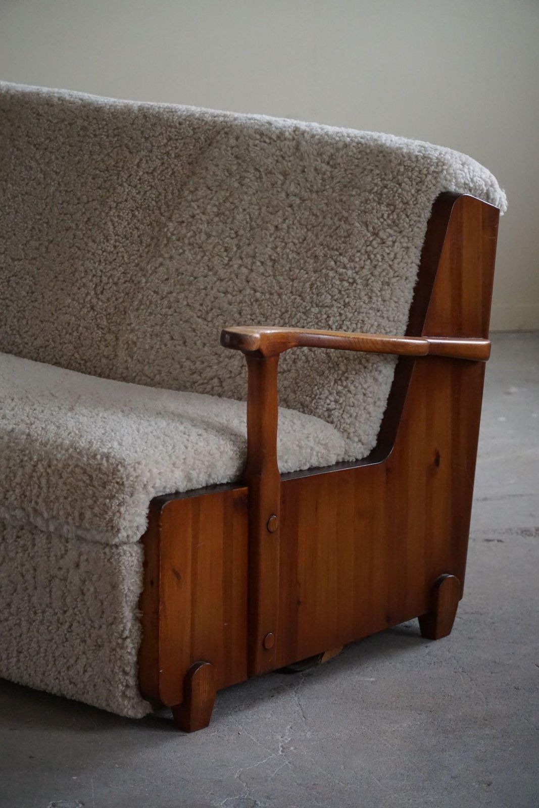 Swedish Modern, Freestanding Two Seater Sofa / Bed In Pine & Lambswool, 1950s photo Furniture