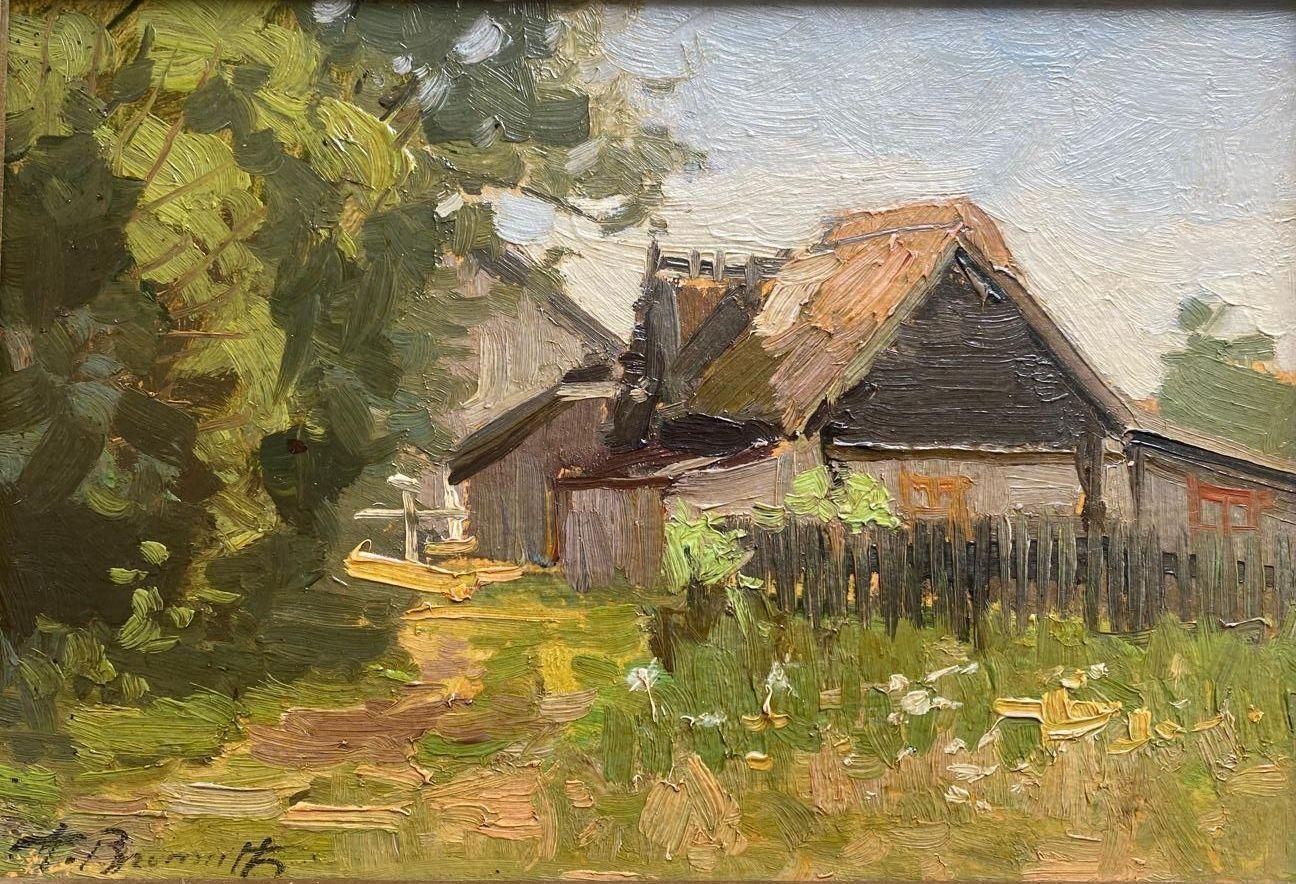 Alfejs Bromults Countryside Landscape  Oil/Cardboard, 19x27 Cm1982