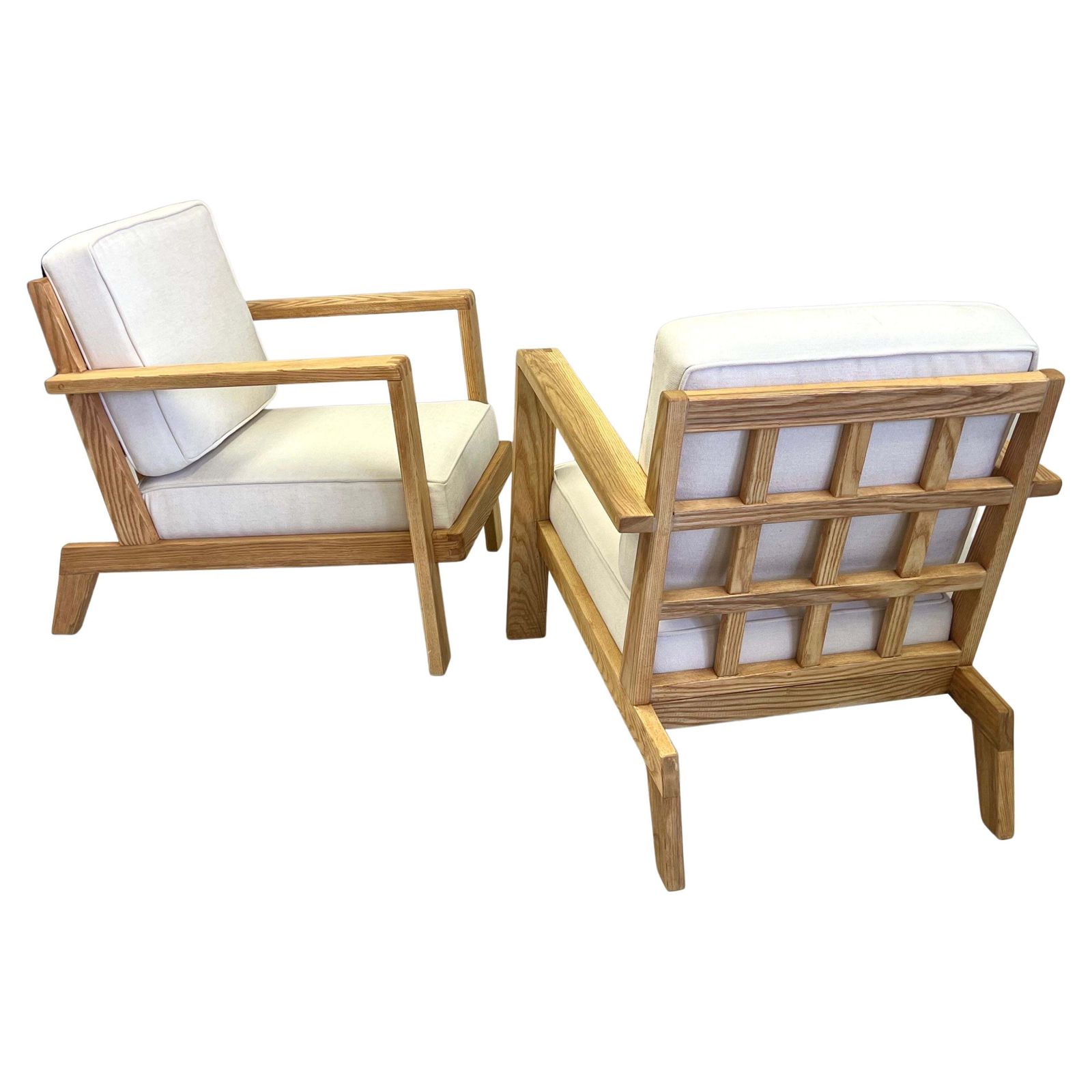 Pair French Mid Century Modern Grid Back Cherry Lounge / Armchairs, Rene Gabriel