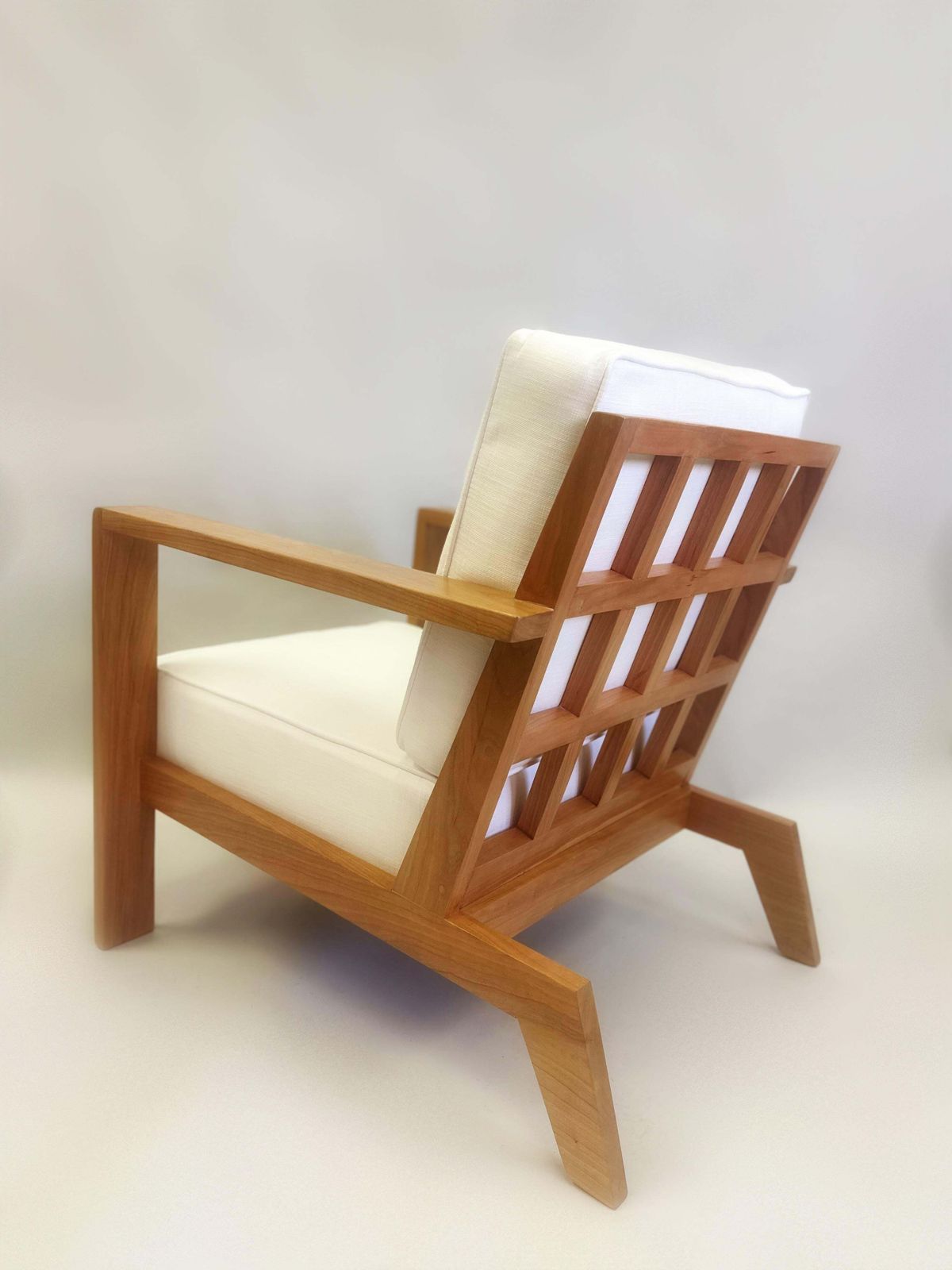 Pair French Mid Century Modern Grid Back Cherry Lounge / Armchairs, Rene Gabriel photo Furniture
