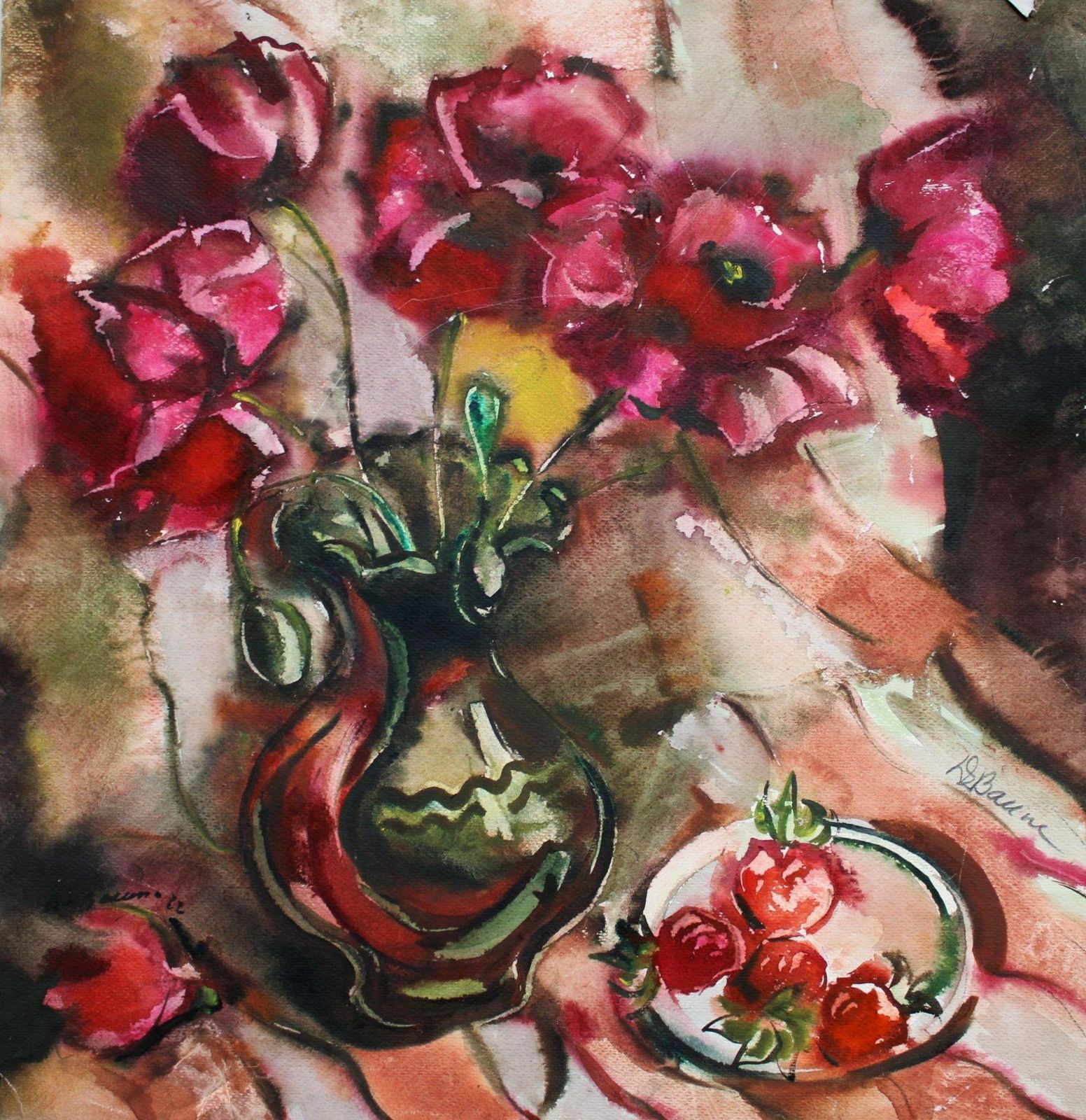 Dzidra Baumapoppies And Strawberries  1982. Paper, Watercolor, 60x58 Cm1982