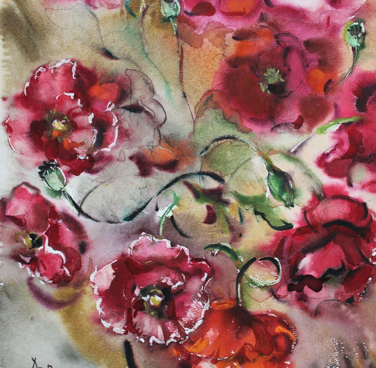 Dzidra Baumapoppies  1980. Paper, Watercolor, 54.5x43.5 Cm1980 photo for sale